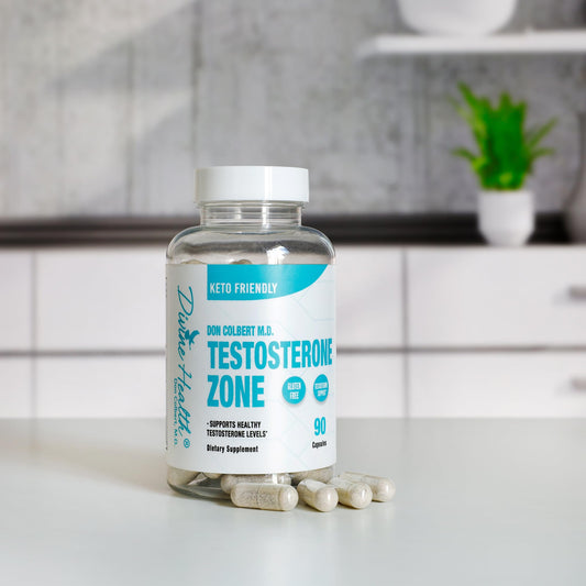 Divine Health Dr. Colbert Testosterone Zone bottle back lists usage guidance for steady daily routines.