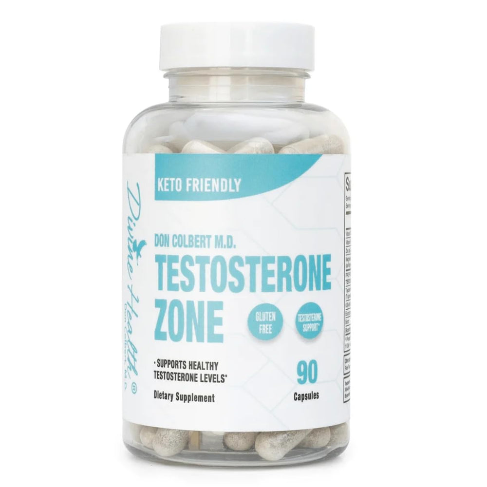 Divine Health Dr. Colbert Testosterone Zone bottle front promotes daily wellness in a balanced capsule.