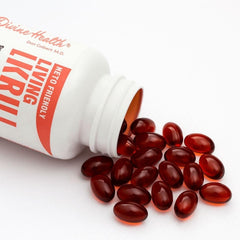 Divine Health Living Krill Oil label highlights EPA/DHA and astaxanthin.