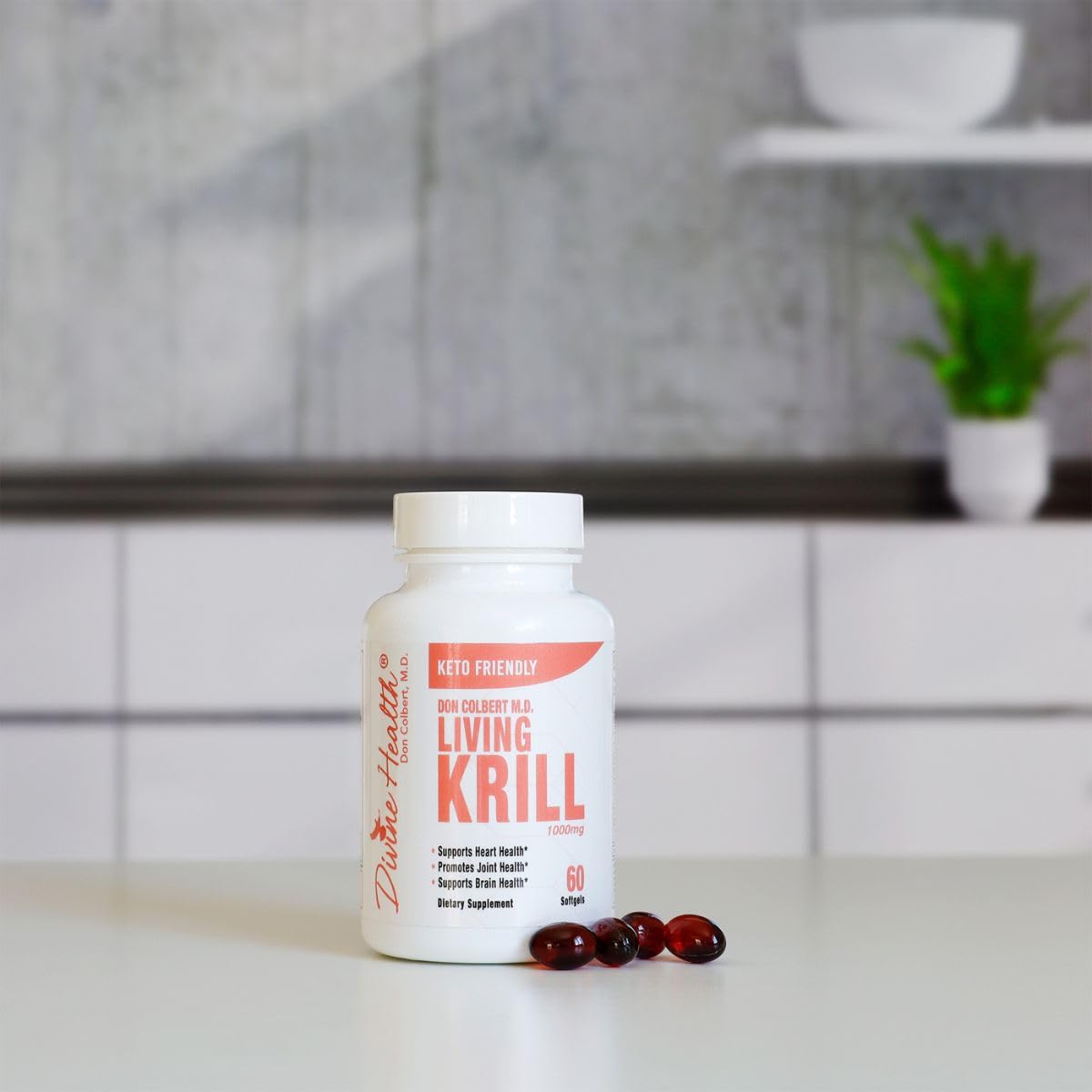 Divine Health Living Krill Oil softgels arranged for daily omega-3 intake.