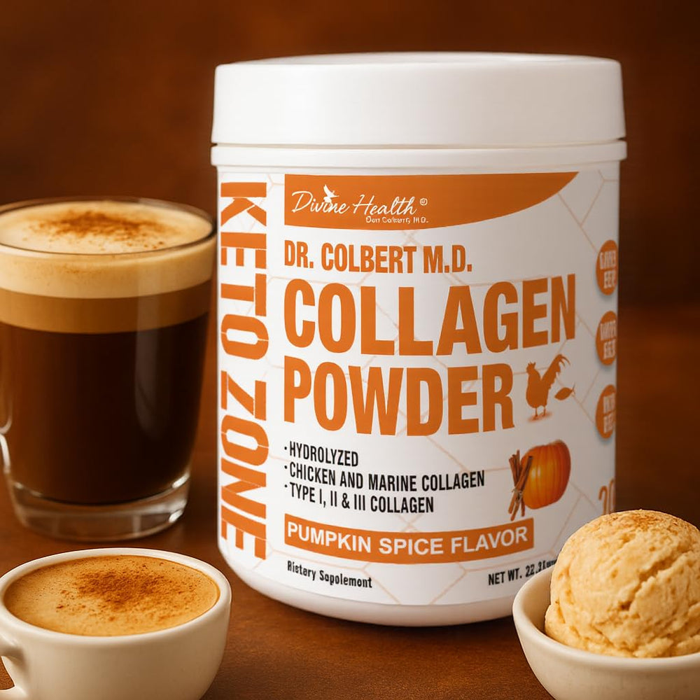 Divine Health pumpkin spice collagen coffee mix in a cup for cozy mornings.