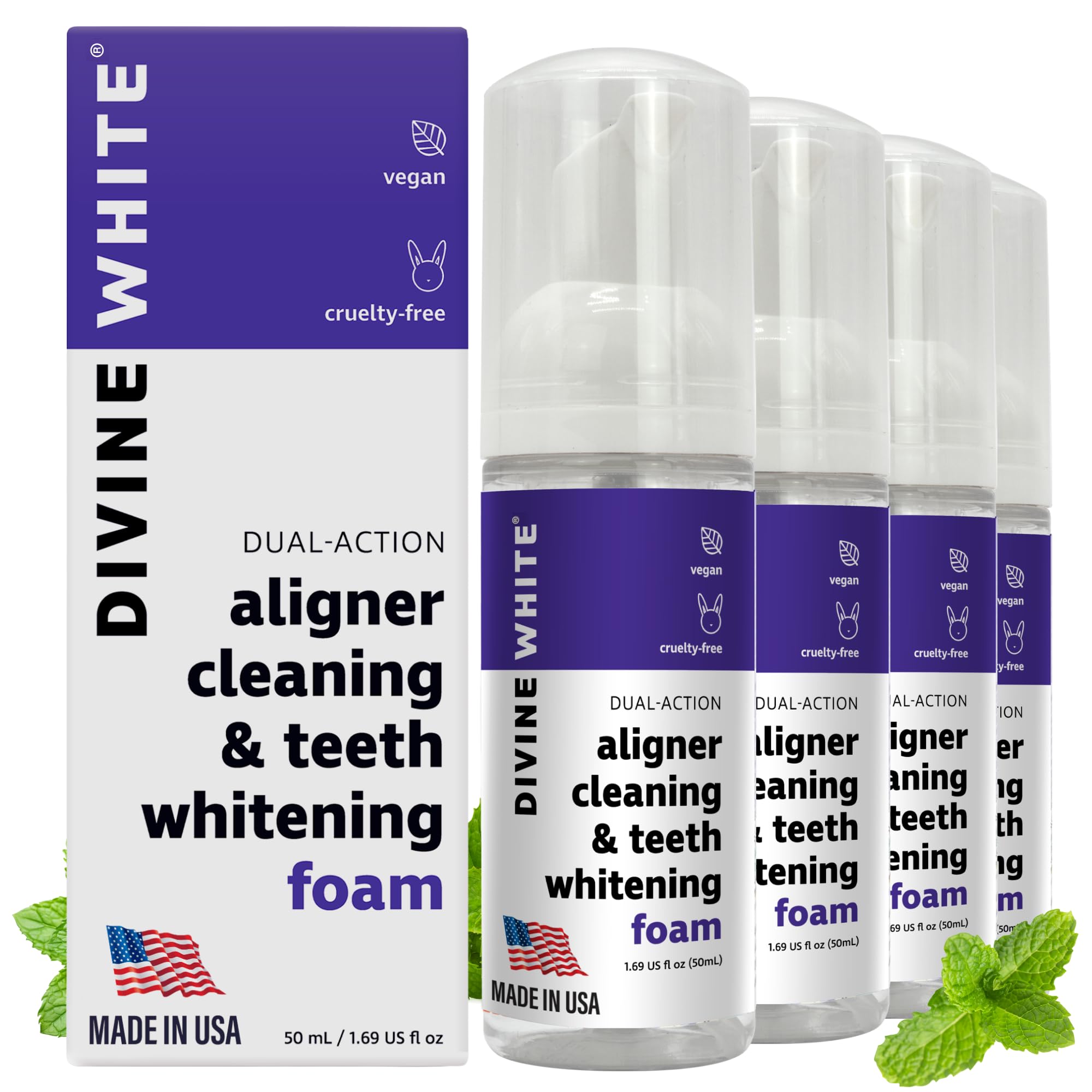 Divine White 2in1 aligner cleaning foam bottle for safe vegan whitening and sanitizing.