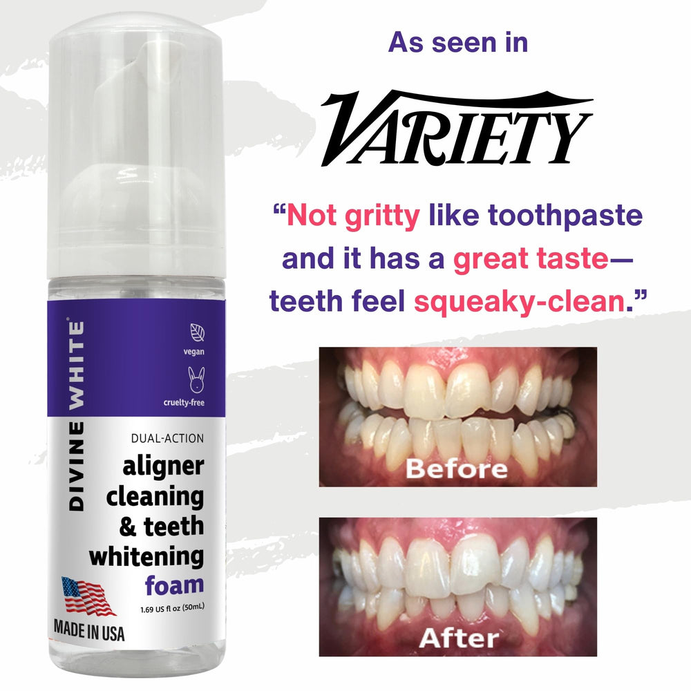 Divine White foam in action cleaning Invisalign trays and removing stains.