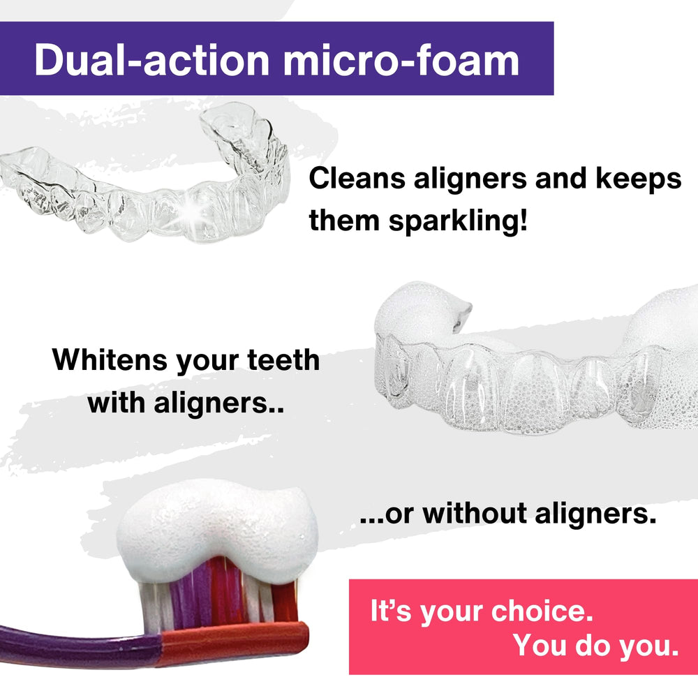 Divine White Menthol freshness foam brightens teeth while sanitizing dental aligners.