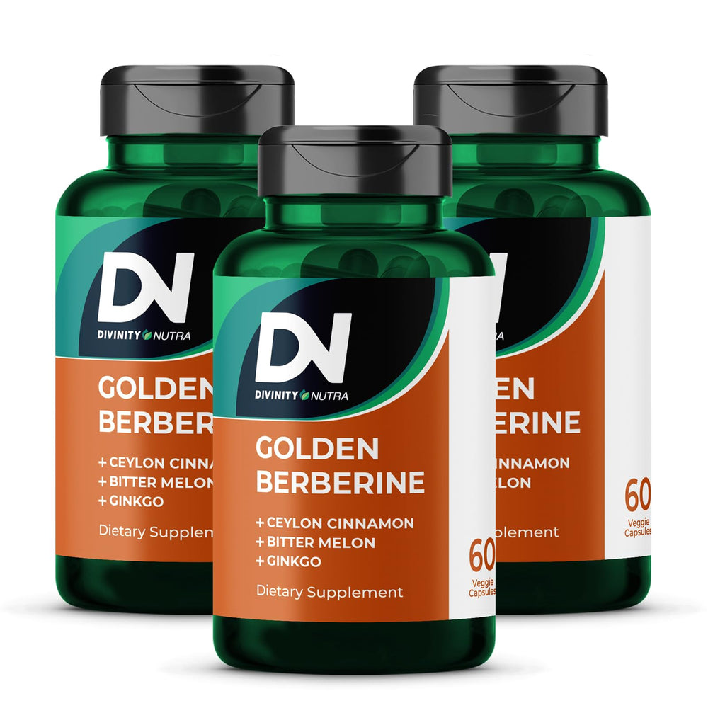 Divinity Nutra Golden Berberine bottle shown for an easy daily wellness routine.