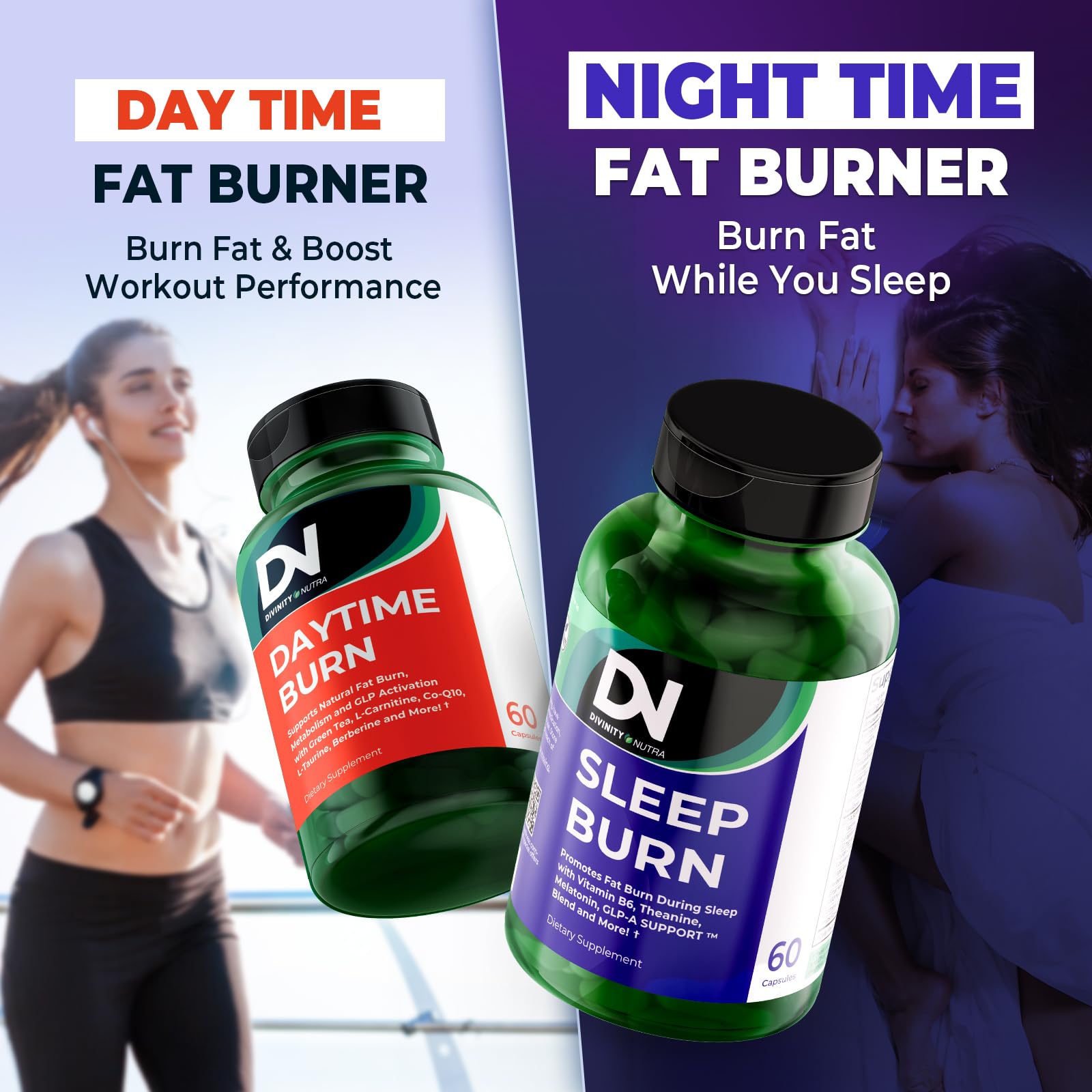 Sleep Burn capsules displayed on slate, ingredients hint at overnight wellness