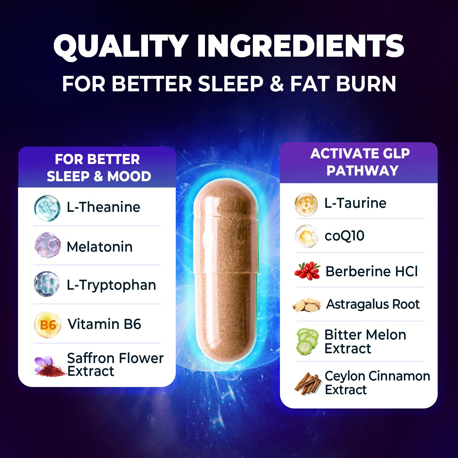 Glass bowl with Sleep Burn ingredients illustrating a natural nighttime blend