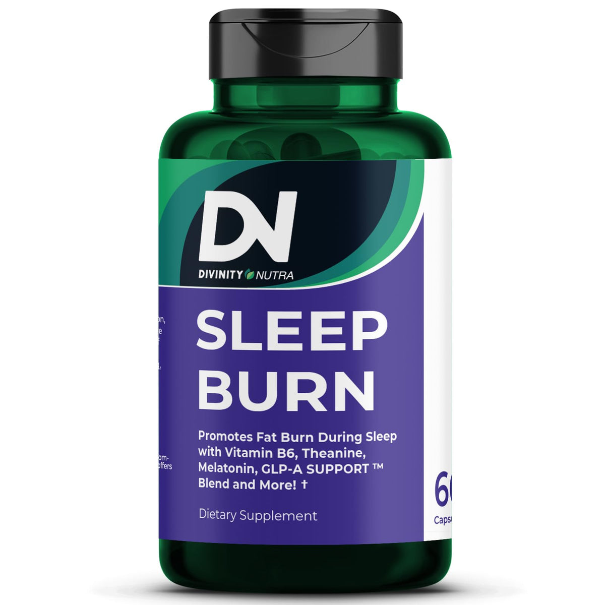 Divinity Nutra Sleep Burn bottle on nightstand suggests overnight support for calm and metabolism
