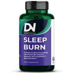 Divinity Nutra Sleep Burn bottle on nightstand suggests overnight support for calm and metabolism