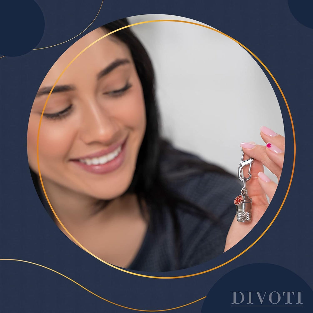 Divoti pill fob attached to bag showing compact, smell-proof storage.