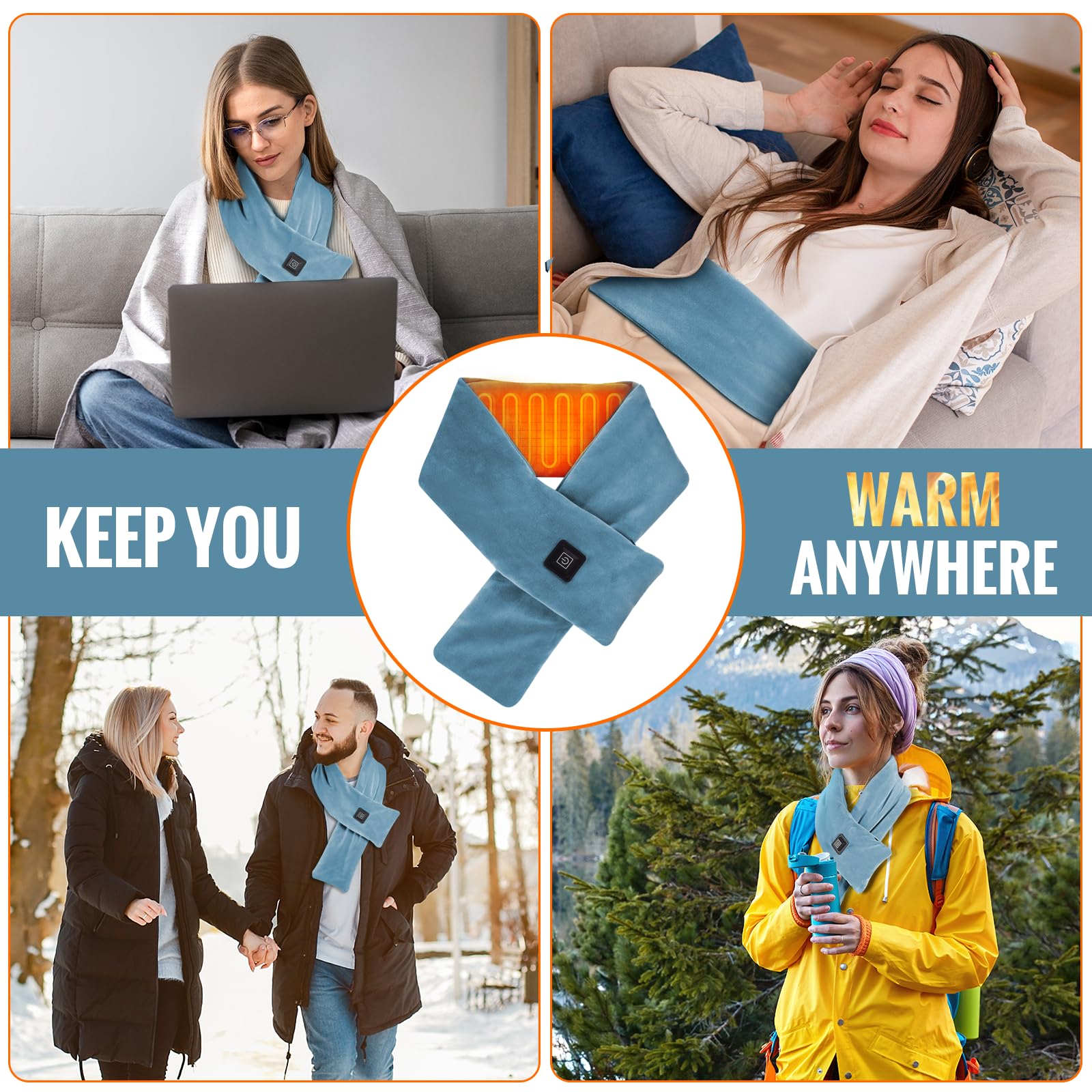 Diweez heated scarf shown outdoors for winter activities like hiking or skiing.