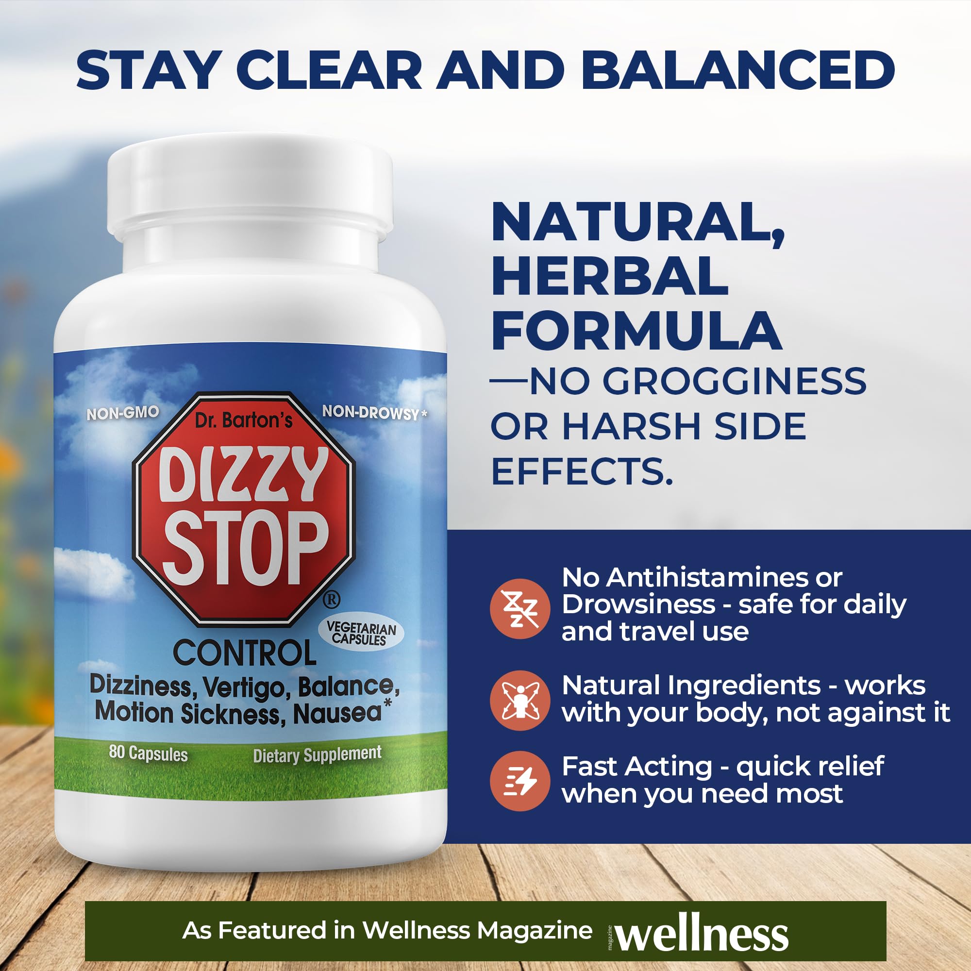 Dizzy Stop bottle-label closeup highlights ginger and grape seed ingredients.