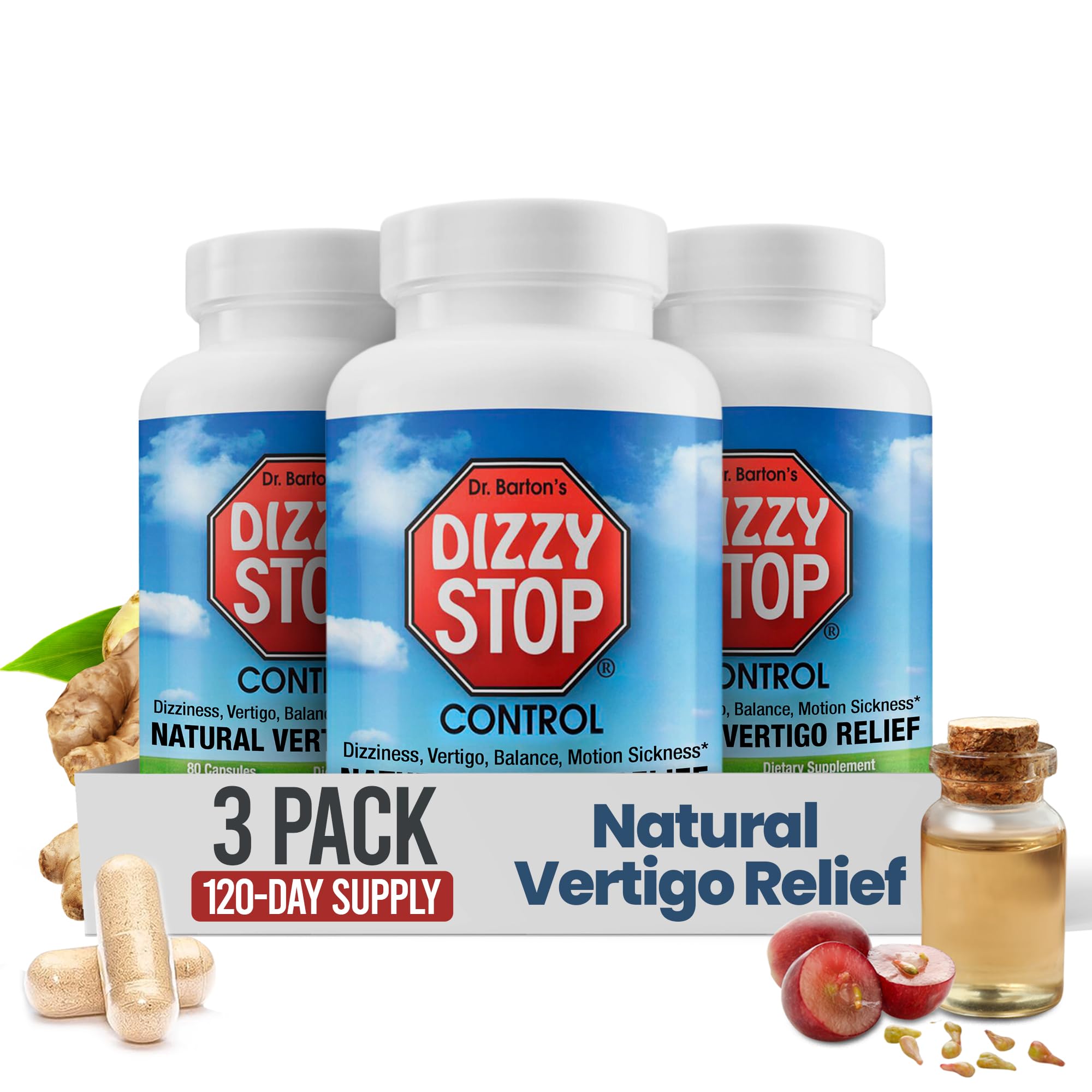 Dizzy Stop bottle label shows ginger-grape-seed formula for vertigo relief.