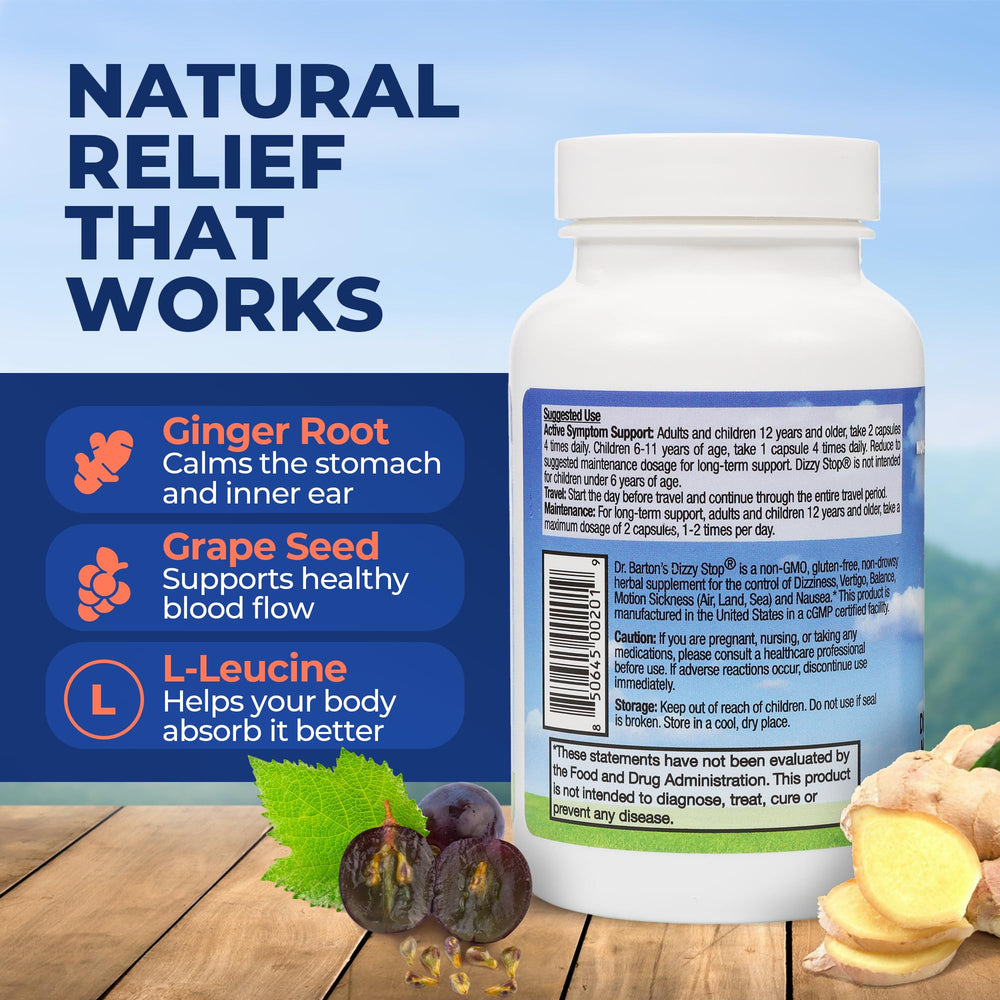 Dizzy Stop vegan capsules indicate plant-based, non-GMO vertigo support.