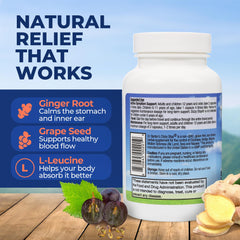 Dizzy Stop vegan capsules indicate plant-based, non-GMO vertigo support.