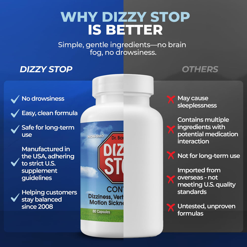 Dizzy Stop grape seed extracts highlight vascular health and inner ear balance.