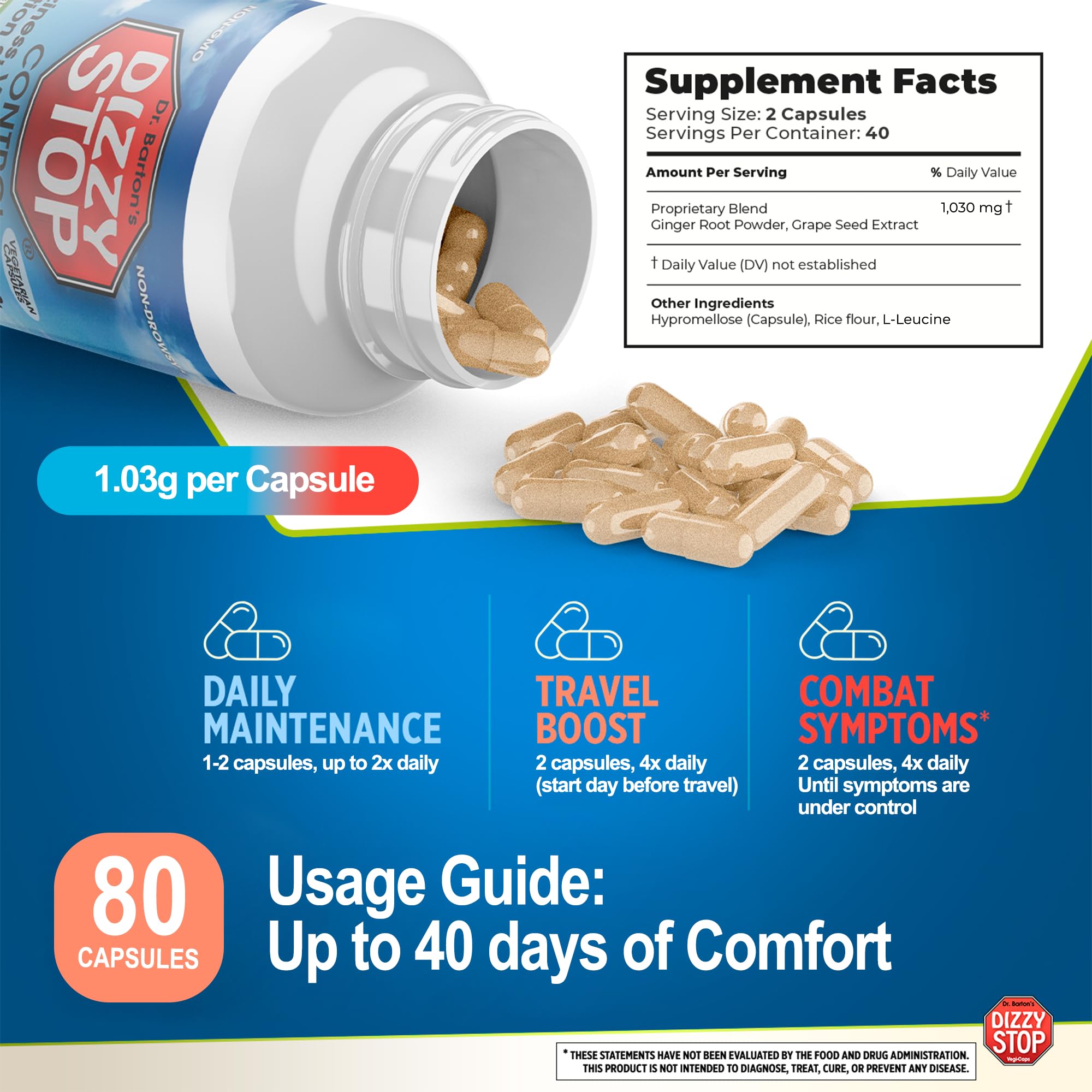 Dizzy Stop vegan capsules close-up highlighting non-drowsy relief.