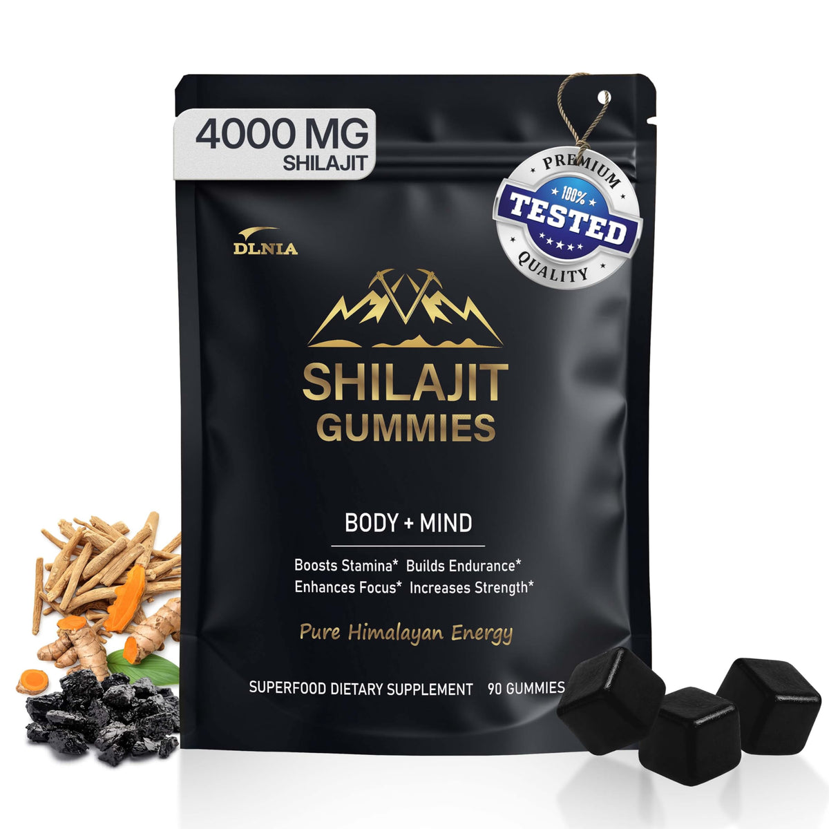 DLNIA 13-in-1 Shilajit Gummies bottle pour supports daily energy and routine.