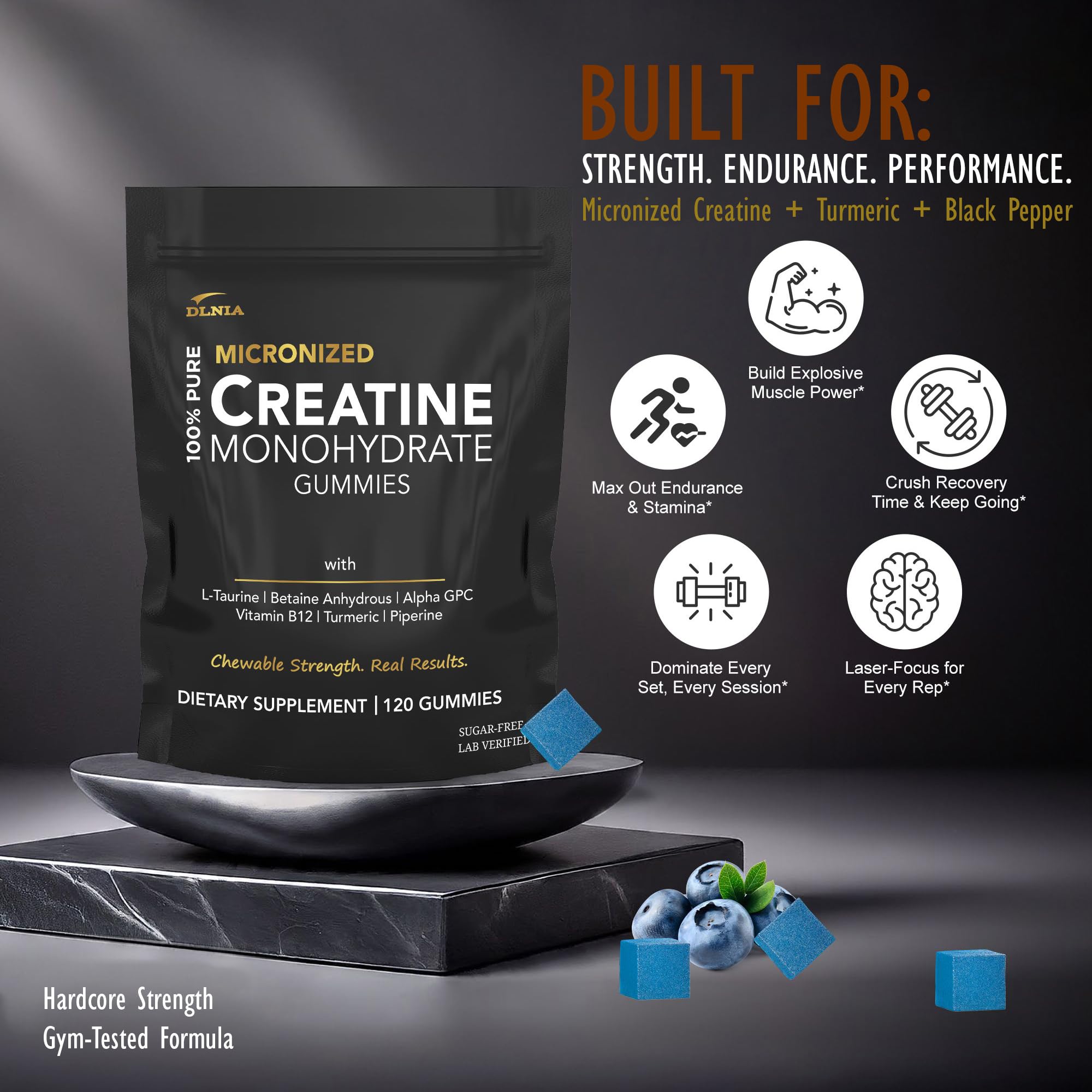 DLNIA Creatine Monohydrate Gummies blue blueberry close-up highlighting vegan sugar-free energy