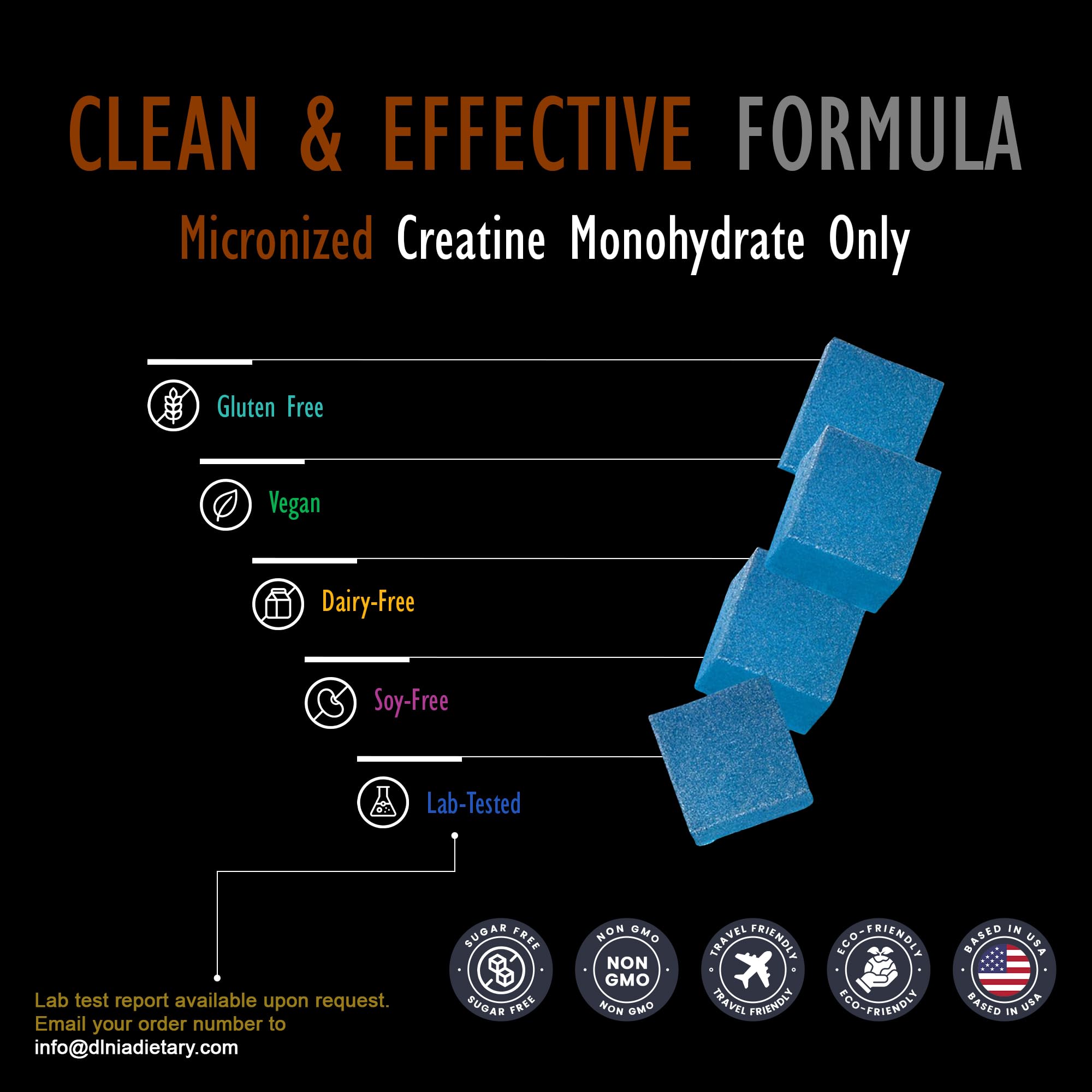 DLNIA Creatine Monohydrate Gummies vegan label emphasizes clean ingredients