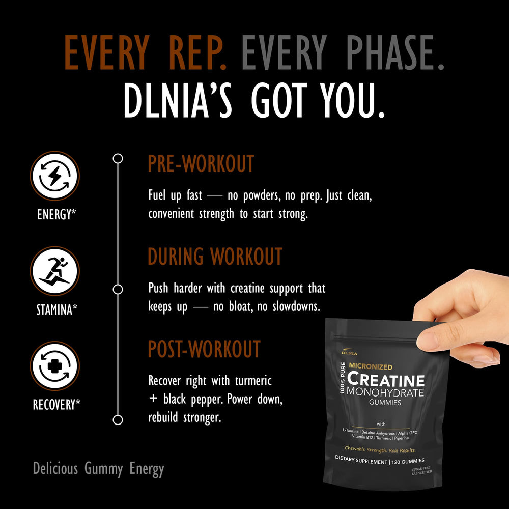DLNIA Creatine Monohydrate Gummies packaging showcases sugar-free formula in travel-friendly bottle