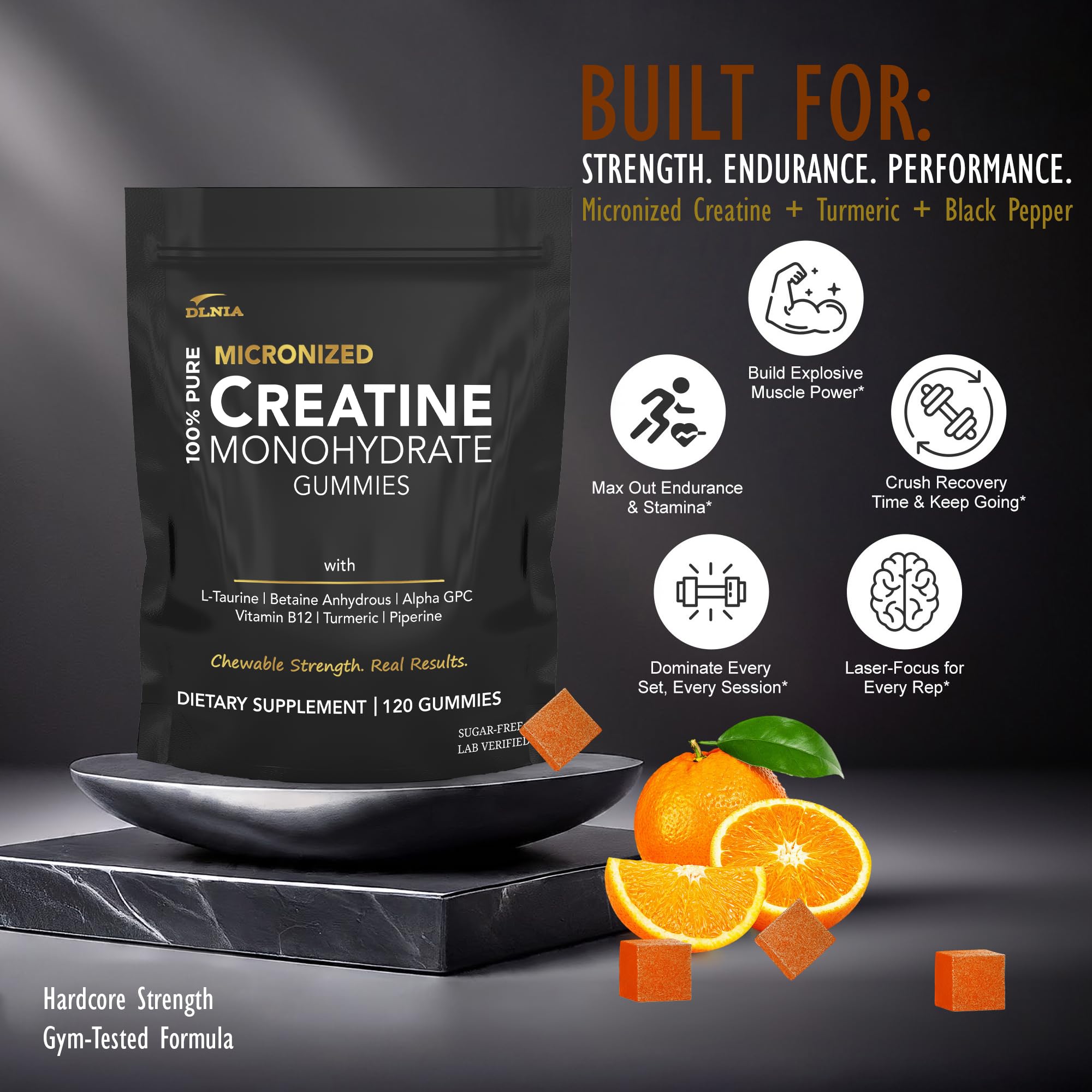DLNIA Creatine Monohydrate Gummies in hand show portable energy support.