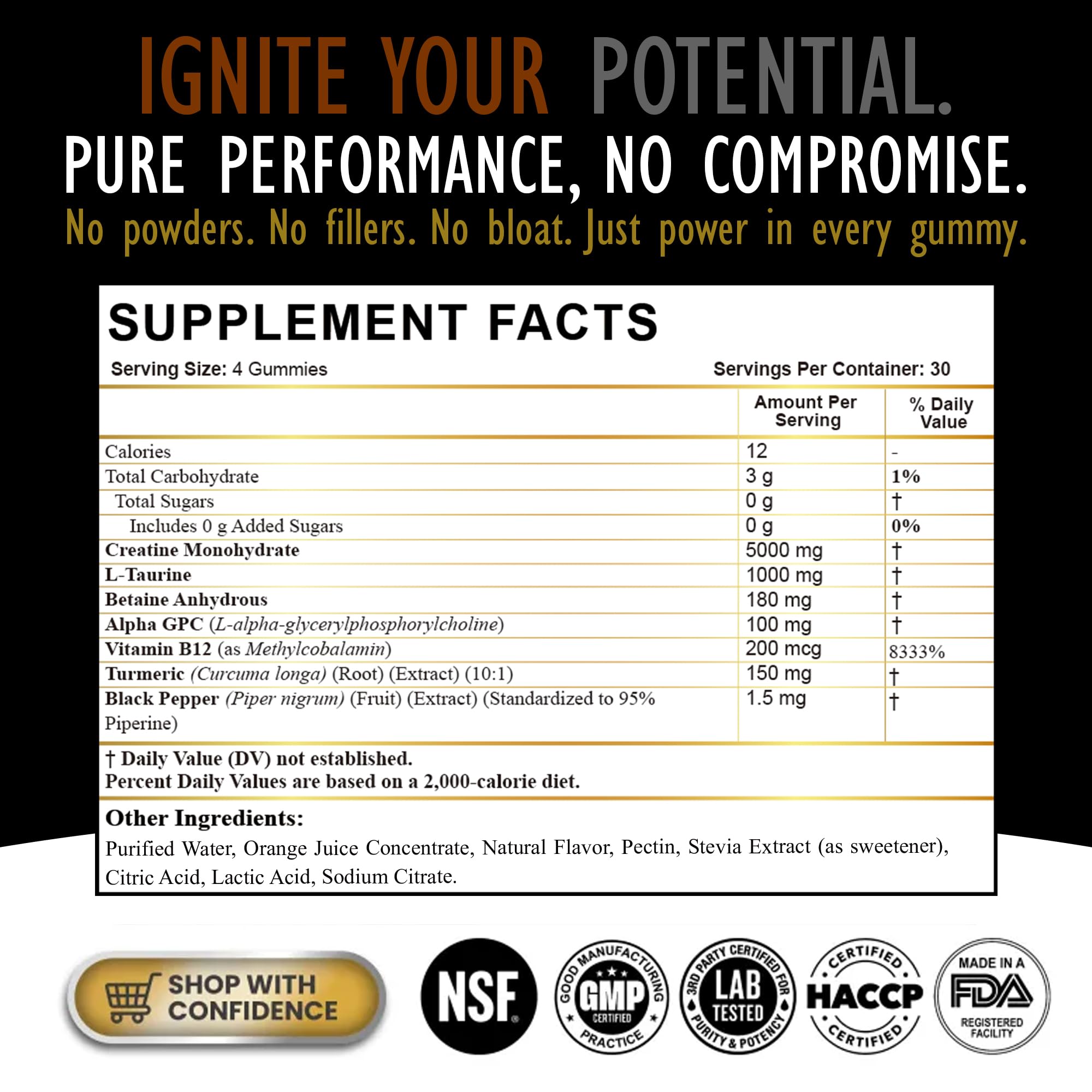 DLNIA Creatine Monohydrate Gummies jar closeup highlighting vegan, non-GMO formula for workouts.