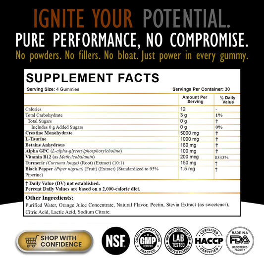 DLNIA Creatine Monohydrate Gummies jar closeup highlighting vegan, non-GMO formula for workouts.