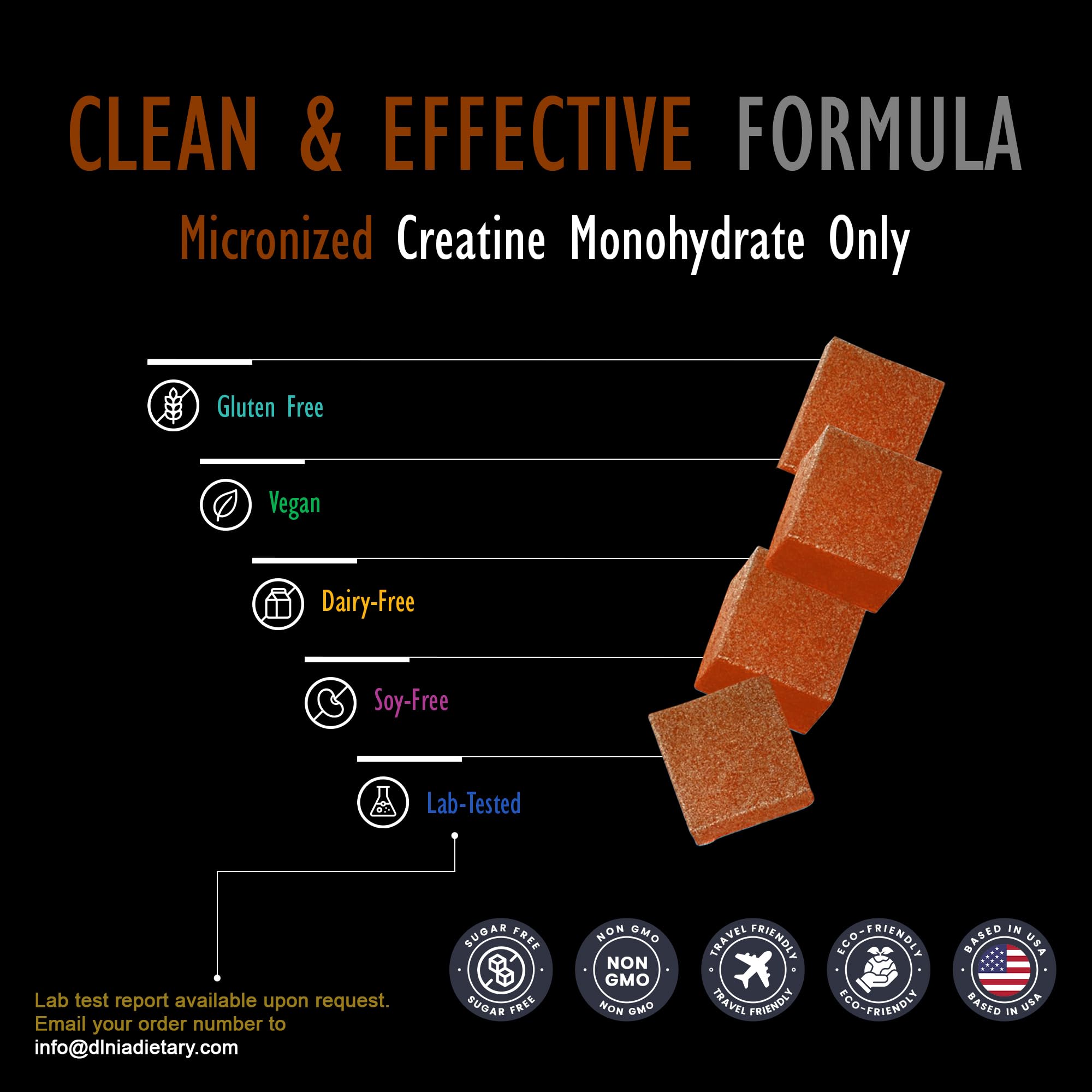 DLNIA Creatine Monohydrate Gummies on surface illustrate quick, chewable post-workout energy.