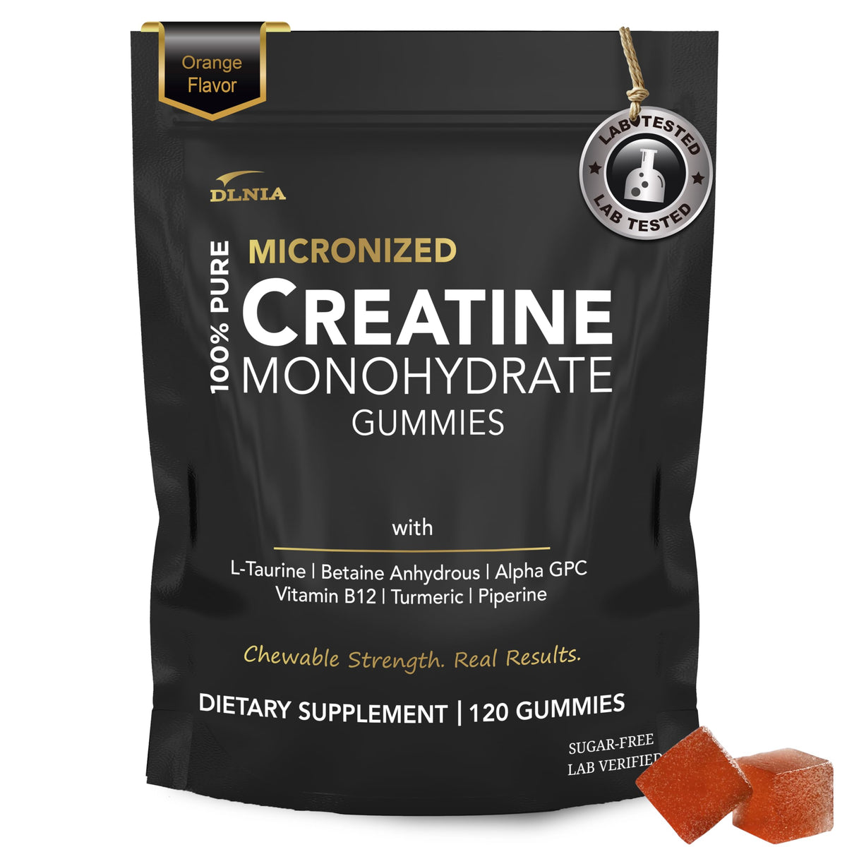 DLNIA Creatine Monohydrate Gummies orange bottle for convenient, sugar-free workout fueling.