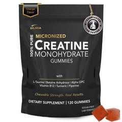 DLNIA Creatine Monohydrate Gummies orange bottle for convenient, sugar-free workout fueling.