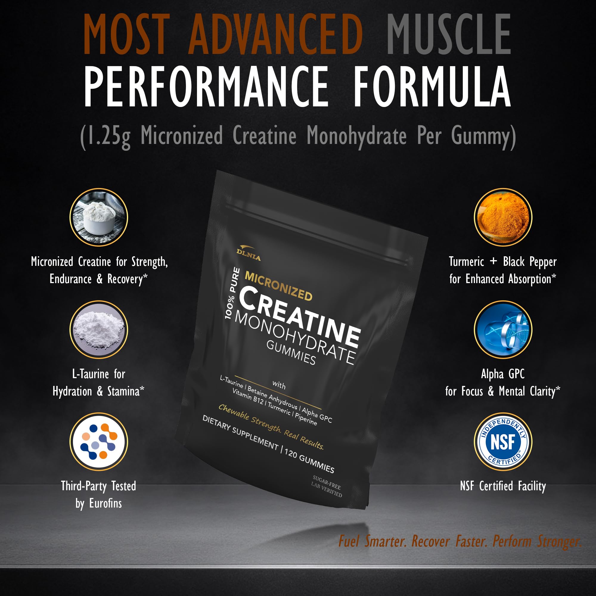 DLNIA Creatine Monohydrate Gummies vegan non-GMO label signals clean ingredients.