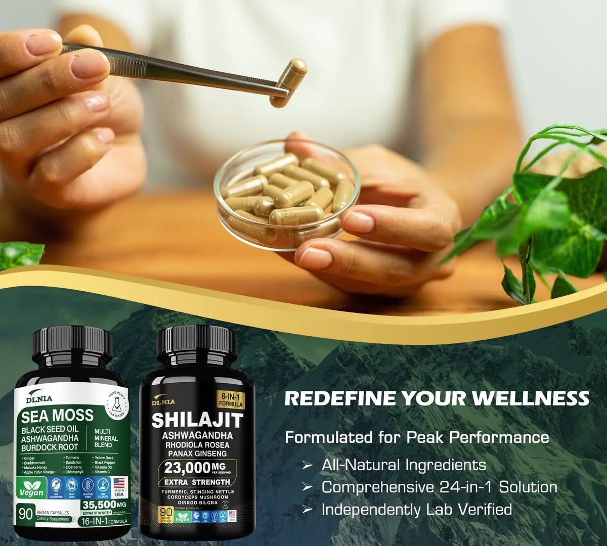 DLNIA Rhodiola Rosea capsules bottle signals mental clarity and stamina support.