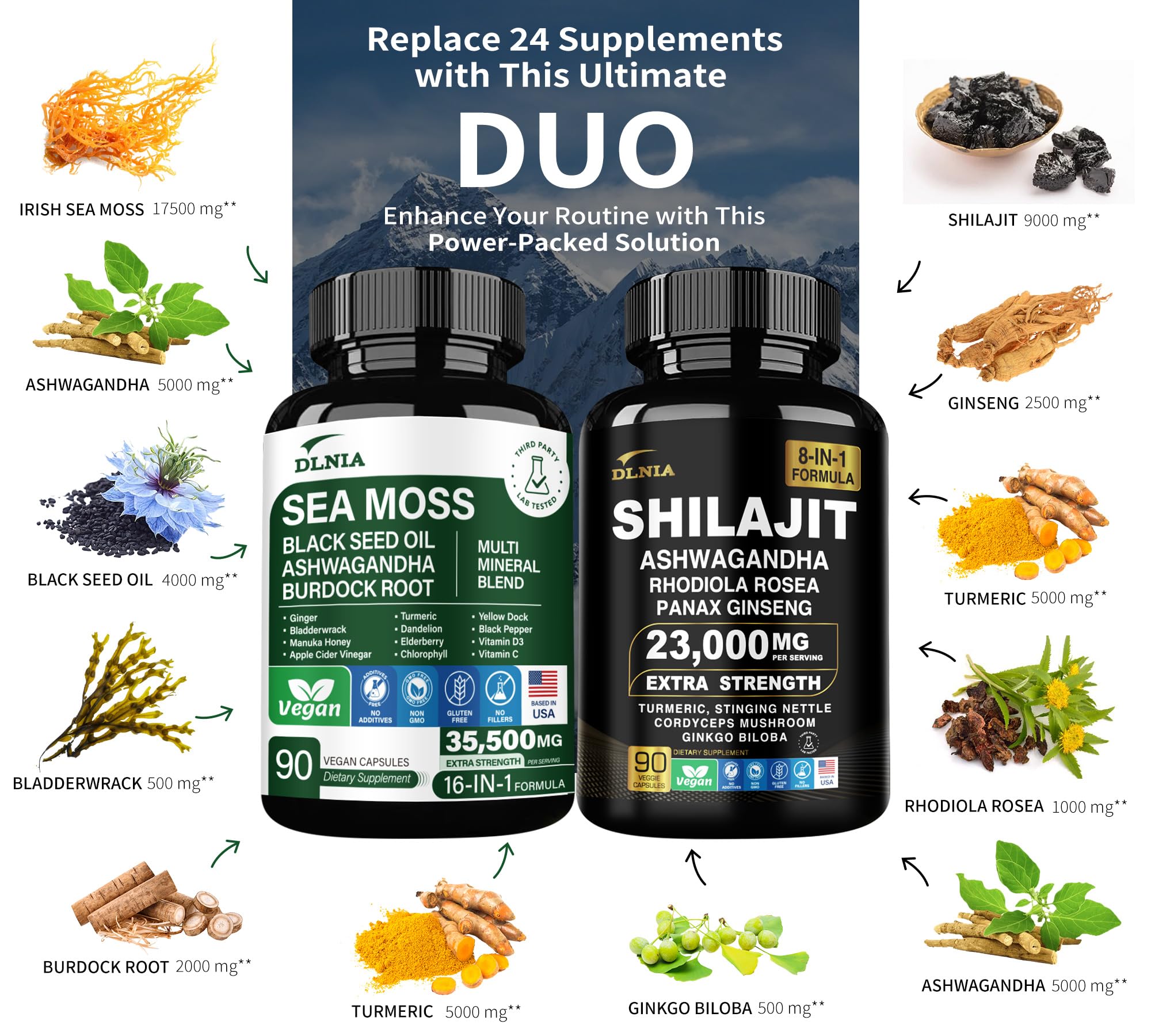 DLNIA Sea Moss bottle showcases 92 minerals and vitamins for wellness.