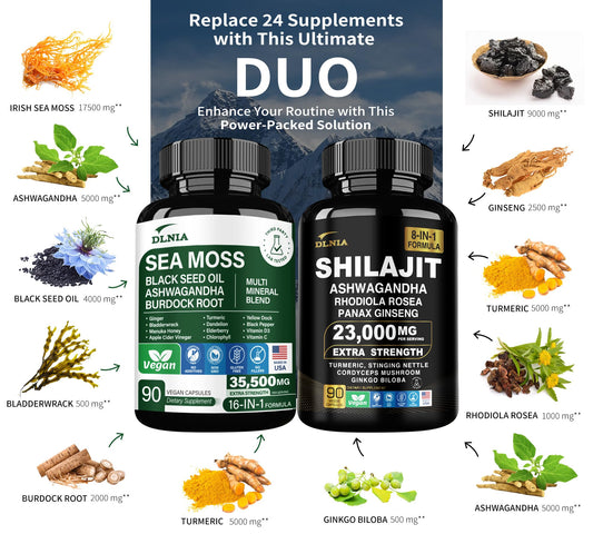 DLNIA Sea Moss bottle showcases 92 minerals and vitamins for wellness.