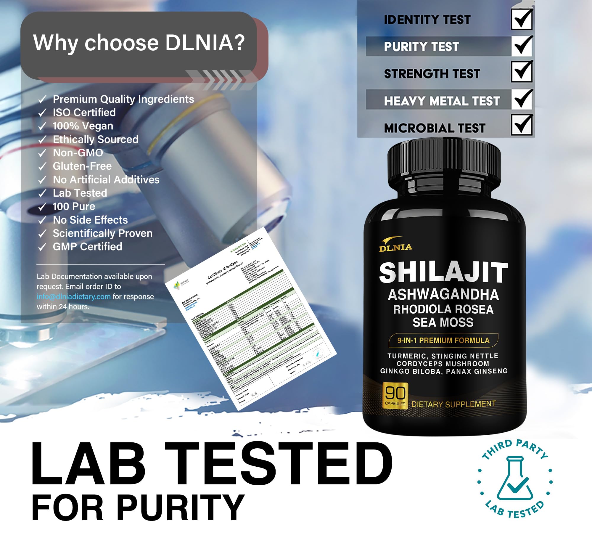 DLNIA Shilajit with Ashwagandha and Sea Moss capsules on a clean surface.
