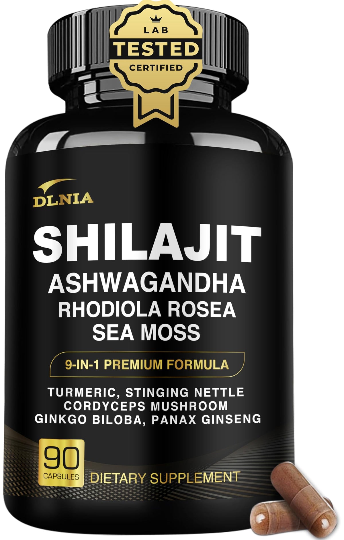 DLNIA Shilajit bottle with pour spout illustrating daily energy support.