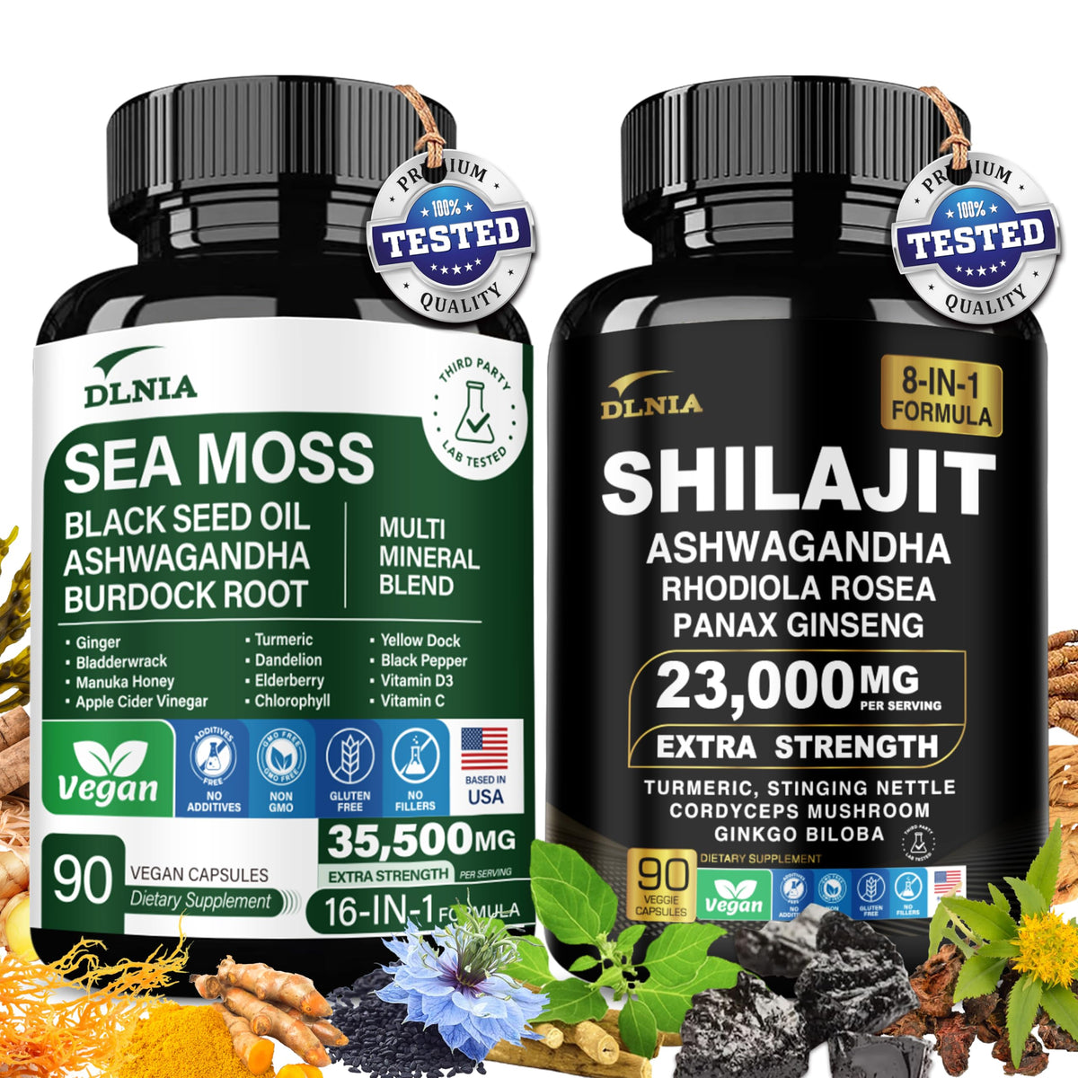 DLNIA Shilajit bottle highlights mineral-rich energy support for daily vitality.