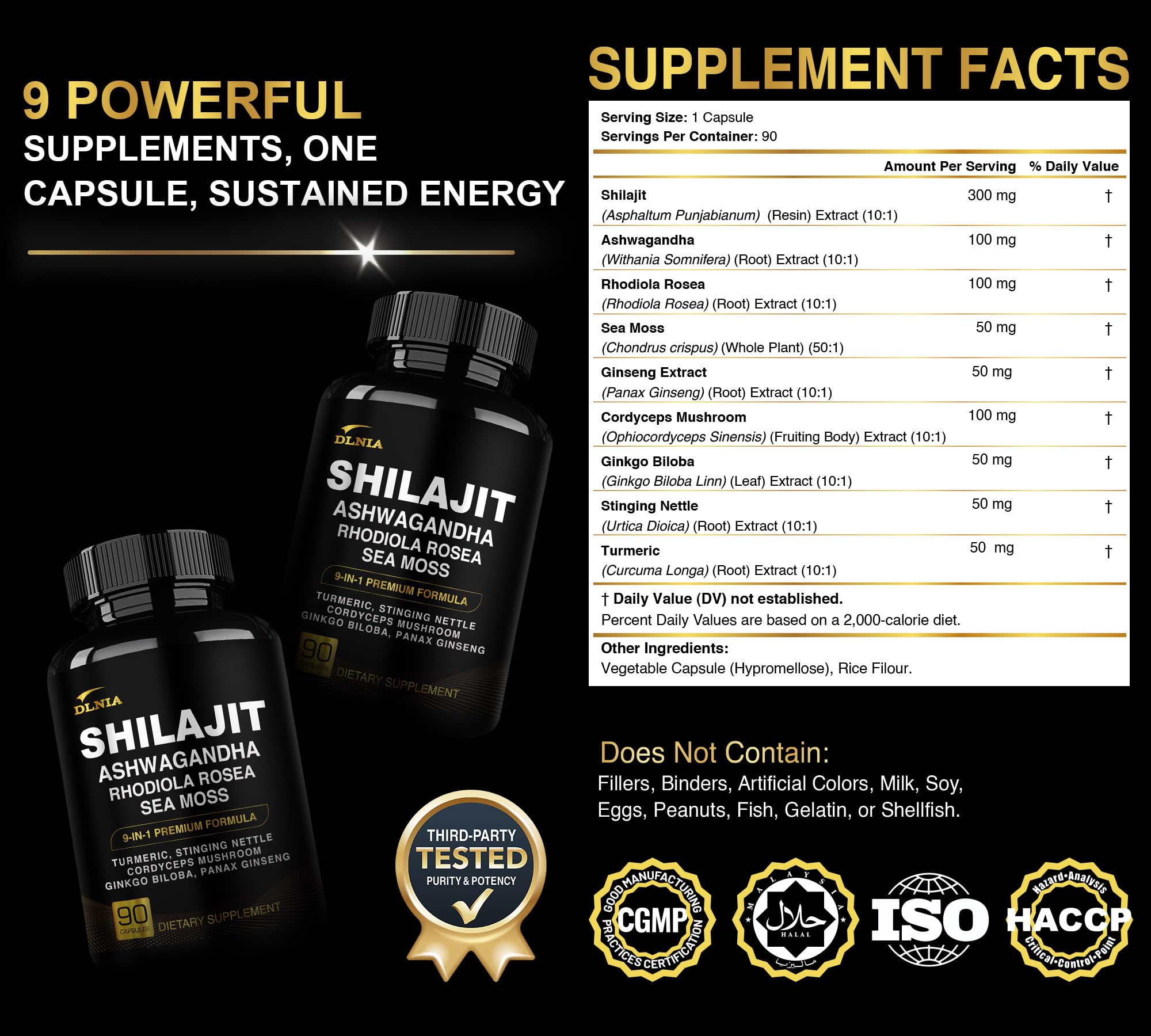 DLNIA Shilajit Gold Complex capsules close-up highlighting purity and potency.