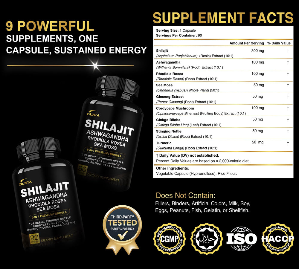 DLNIA Shilajit Gold Complex capsules close-up highlighting purity and potency.