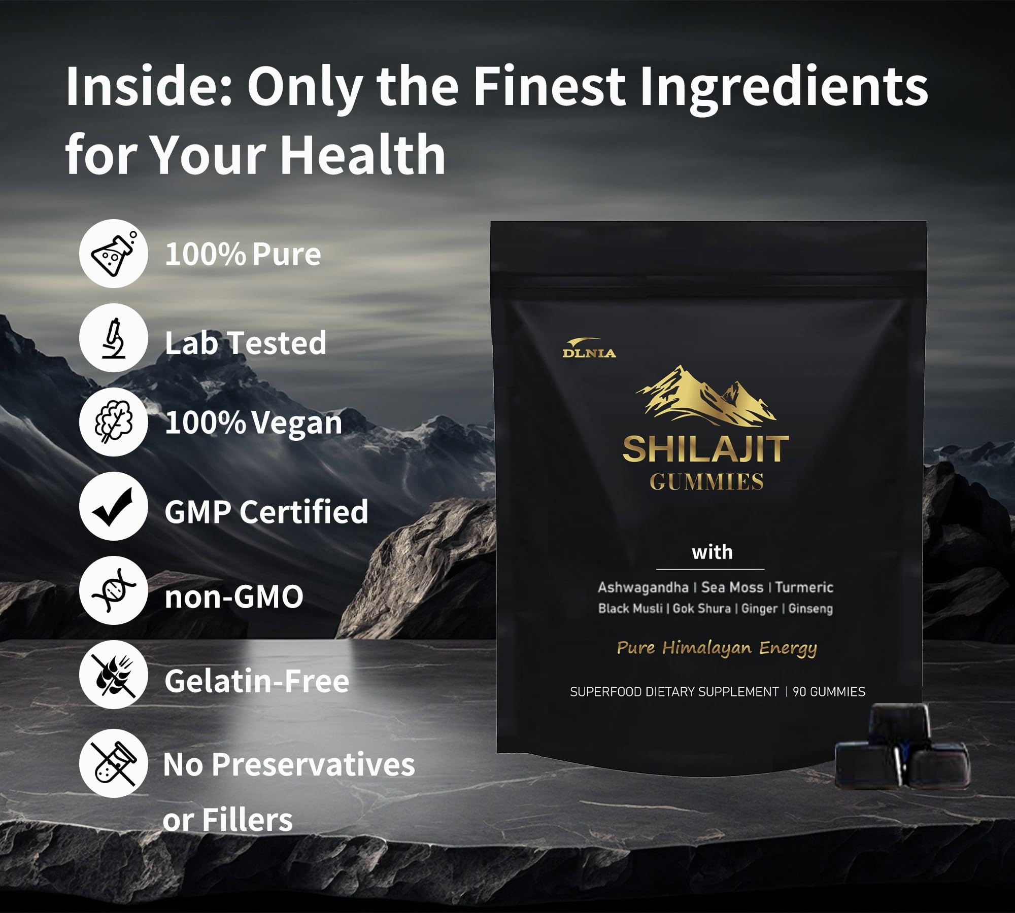 DLNIA Shilajit Gummies with Ashwagandha infusion close-up highlighting stress support potential.