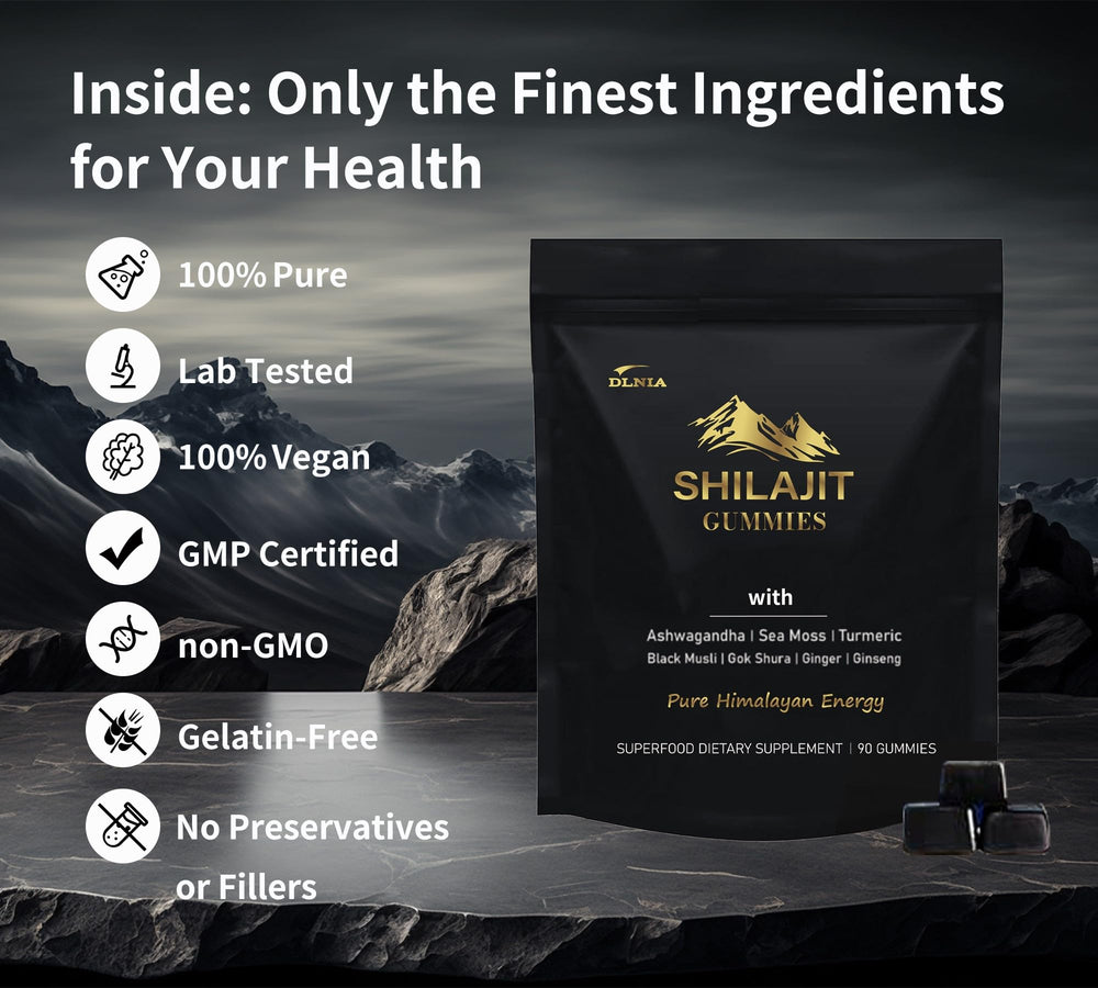 DLNIA Shilajit Gummies with Ashwagandha infusion close-up highlighting stress support potential.