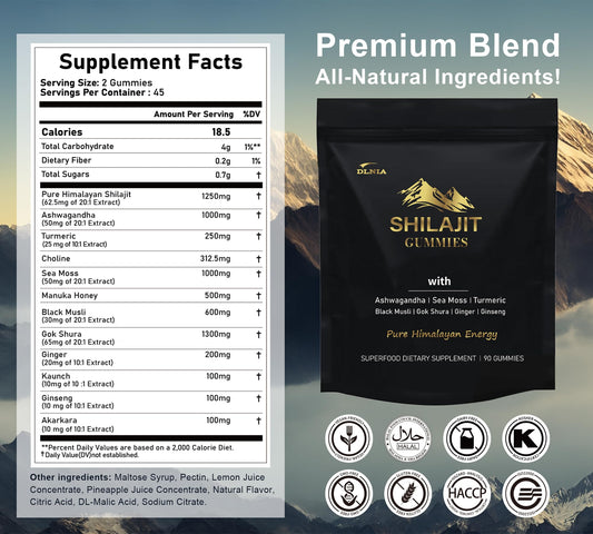 DLNIA Shilajit Gummies bottle label close-up emphasizing purity and organic minerals.
