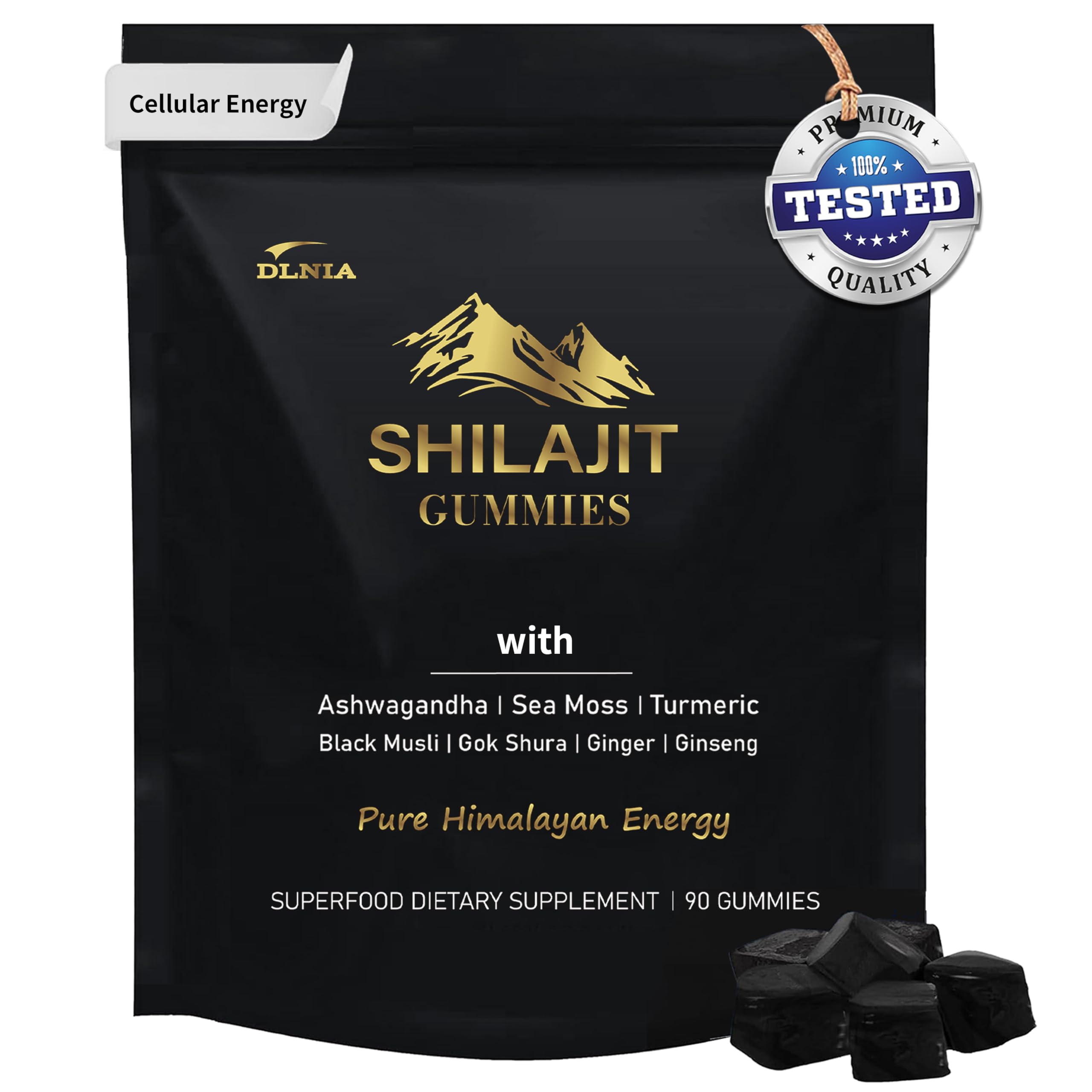 DLNIA Shilajit Gummies jar front highlighting vegan, sugar-free energy support.
