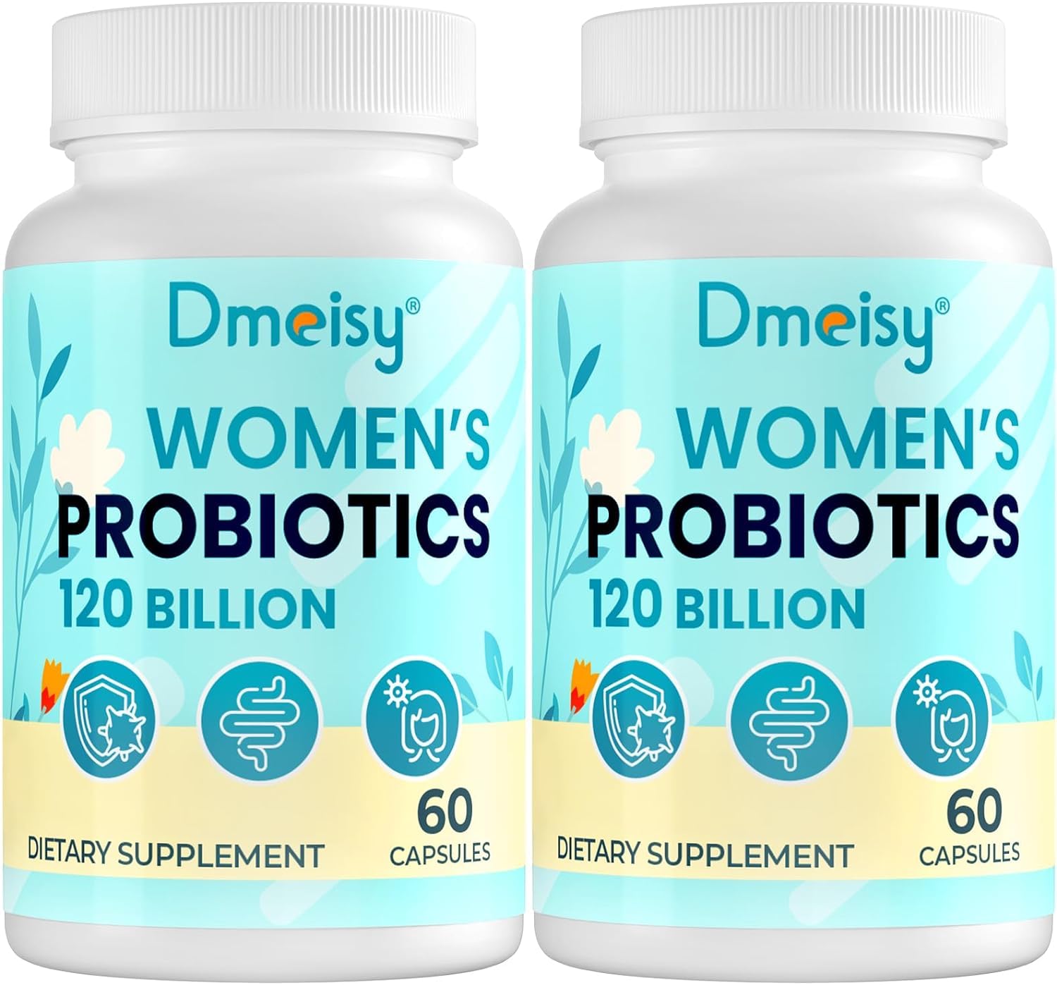 Dmeisy 120-billion CFU probiotic bottle highlighting gut balance and menopause comfort