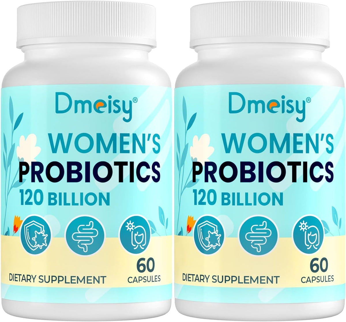 Dmeisy 120-billion CFU probiotic bottle highlighting gut balance and menopause comfort