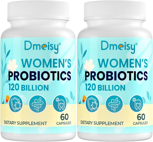 Dmeisy 120-billion CFU probiotic bottle highlighting gut balance and menopause comfort