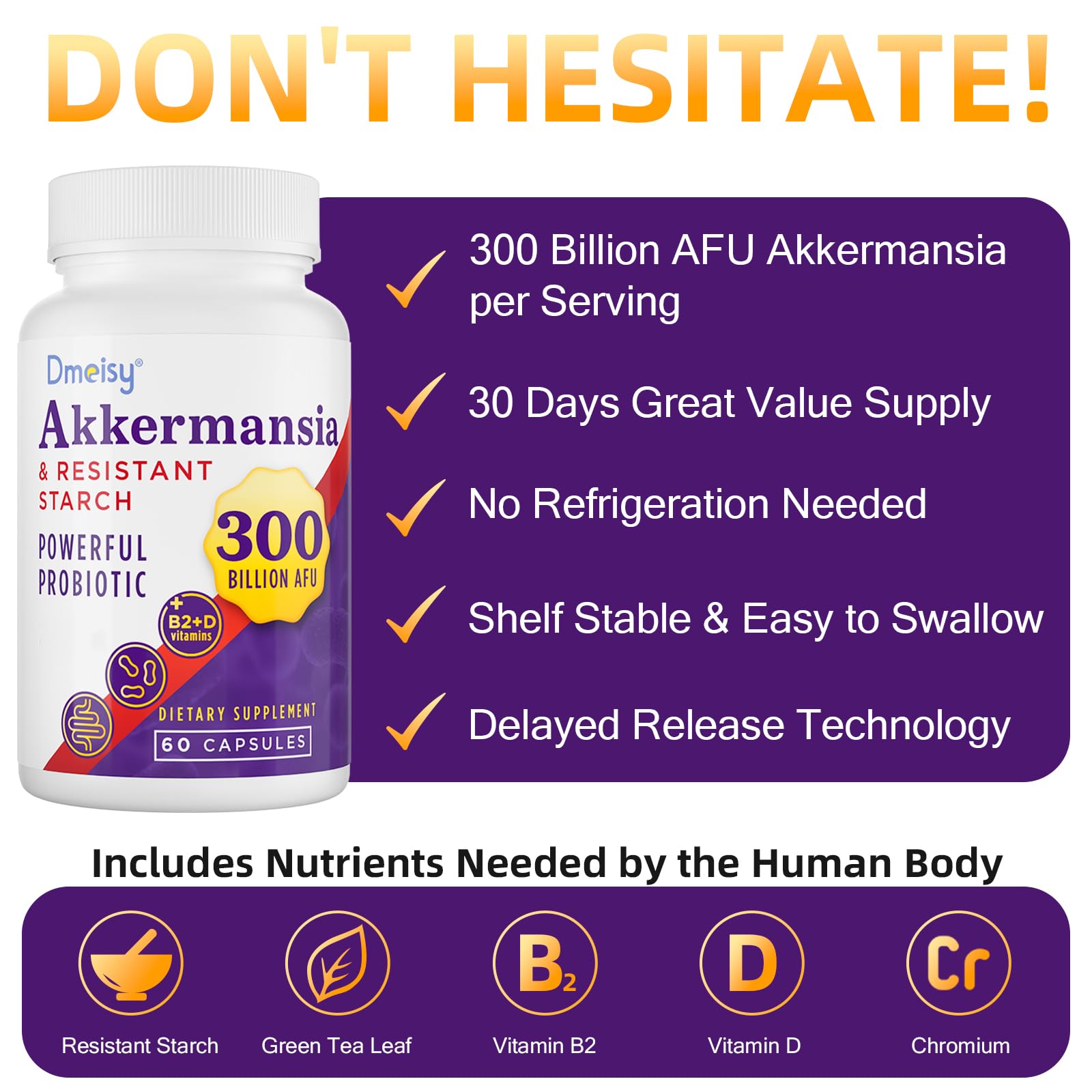 Back label of Dmeisy Akkermansia with daily dosage directions for daily gut support.