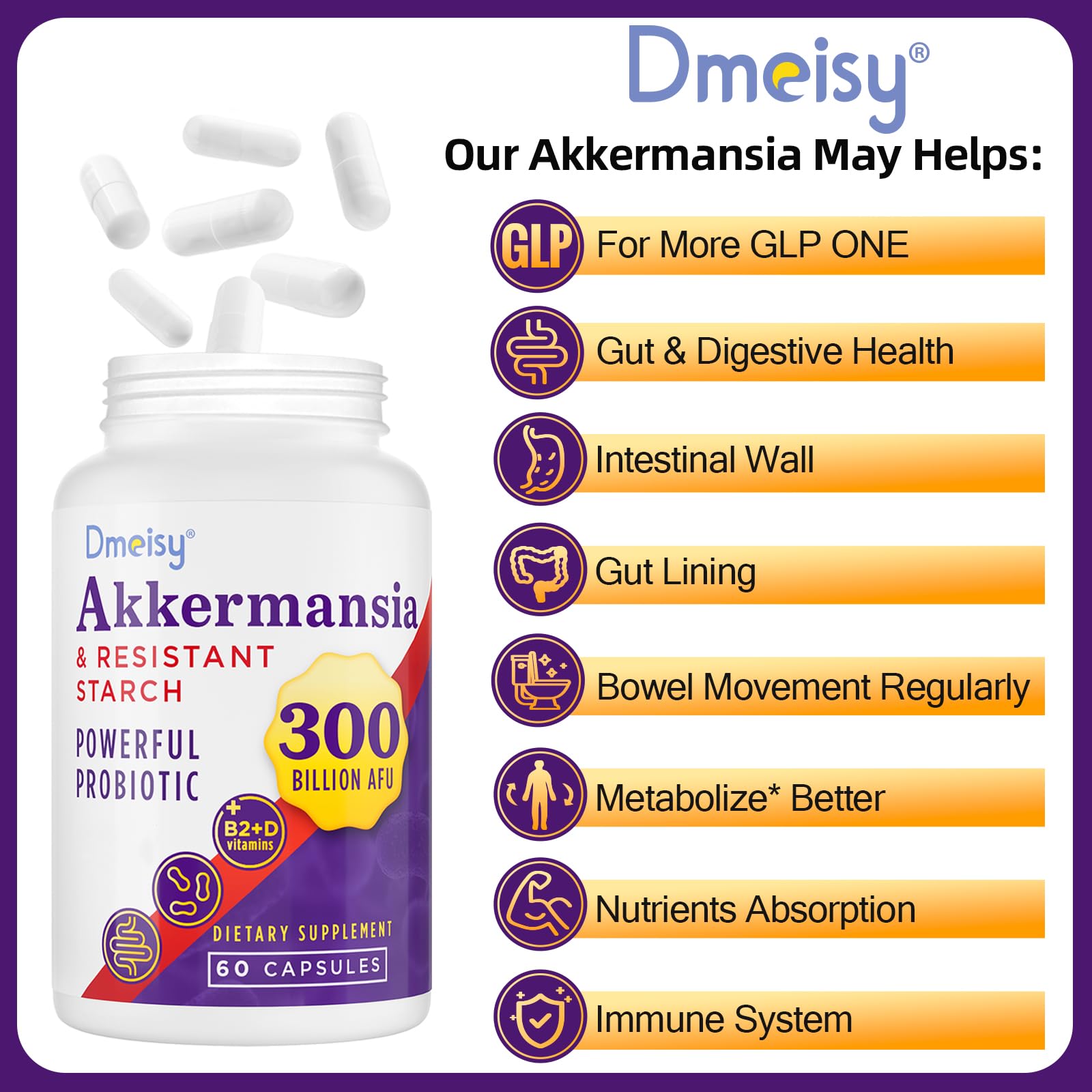 Close-up of Dmeisy Akkermansia capsules showing potency
