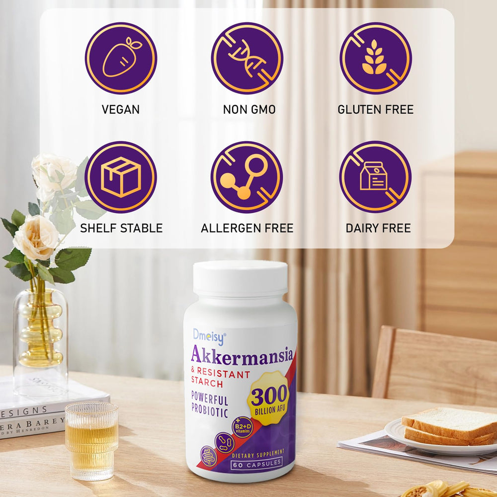 Dmeisy Akkermansia ingredients panel shows vegan, gluten-free formulation.